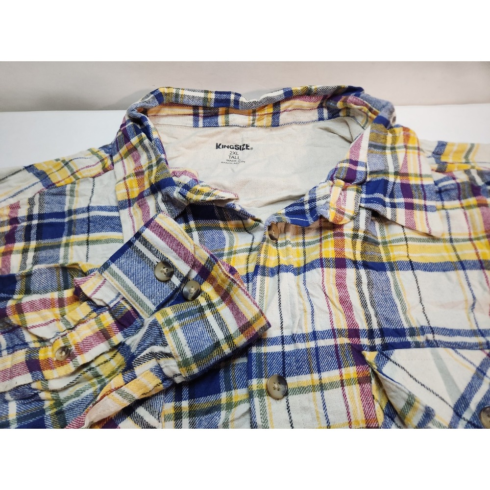 KINGSIZE Flannel Shirt Mens 2XLT Tall Plaid Long Sleeve Button Up Blue Casual